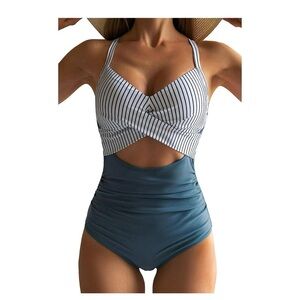 Women One Piece High Waist Tie Back Swim Bathing Suit Cutout Sz XL Striped NWOT